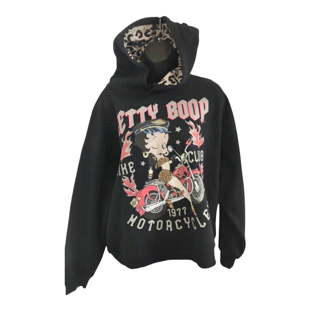 Betty Boop black hoodie sweatshirt with animal print Betty on motorcycle size XL
